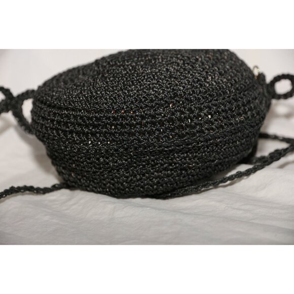 Vintage 1960's Crochet Round Purse Shoulder Crossbody Bag Black Handmade Zipper - Picture 4 of 6